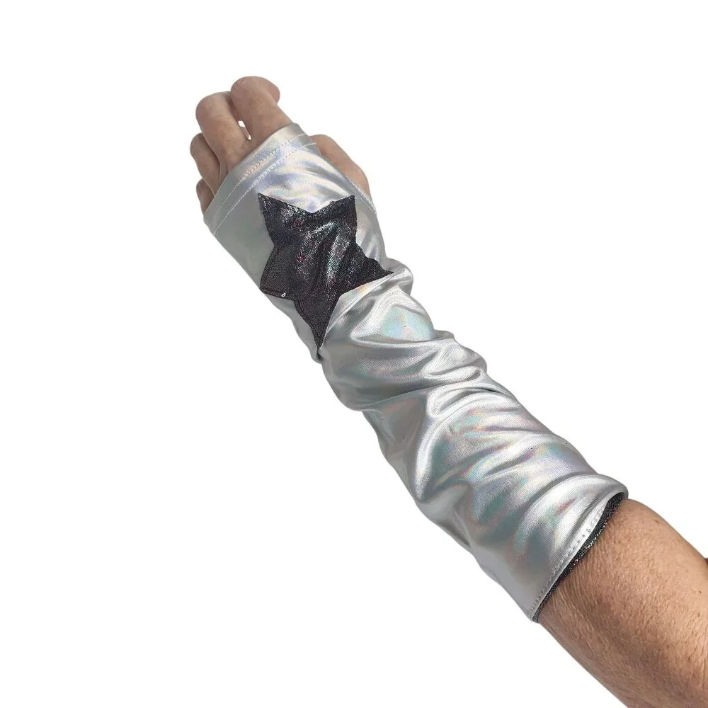 Claire's Silver Fingerless Gloves Arm Warmers Holographic Black Star Design
